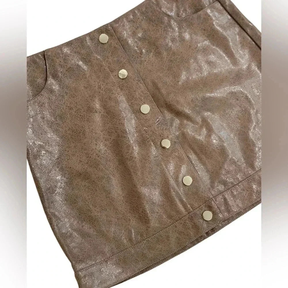 Pants Store Faux Leather snap Button Up Mini Skirt Brown Size Small - Picture 2 of 8